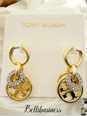 Tory Burch Gold Logo Drop Earrings with Crystal Rings